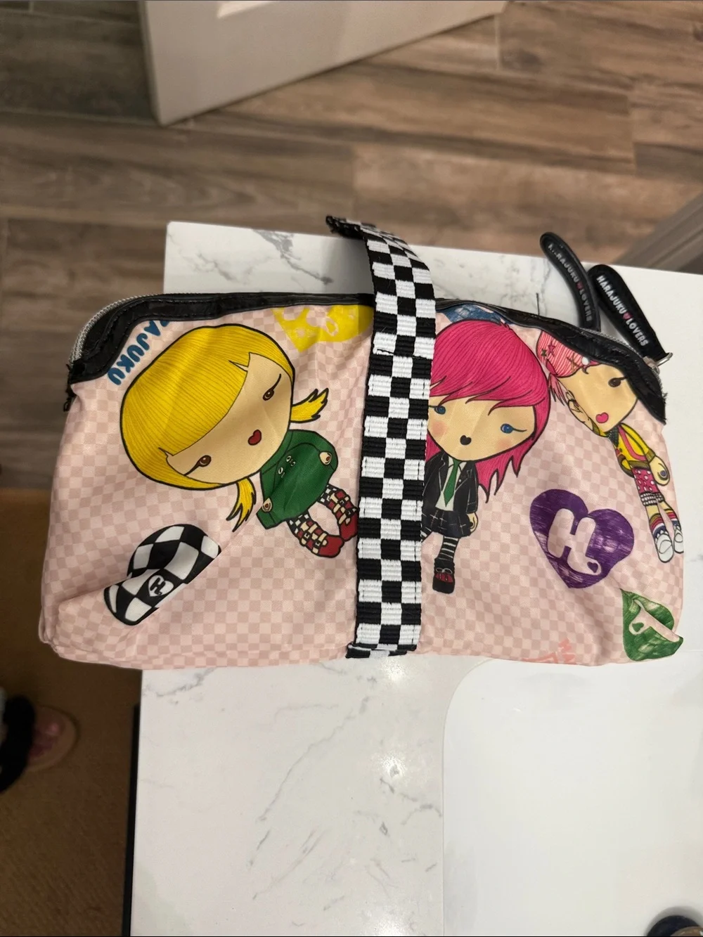 Harajuku Lovers Pink Character Wristlet with Check Strap